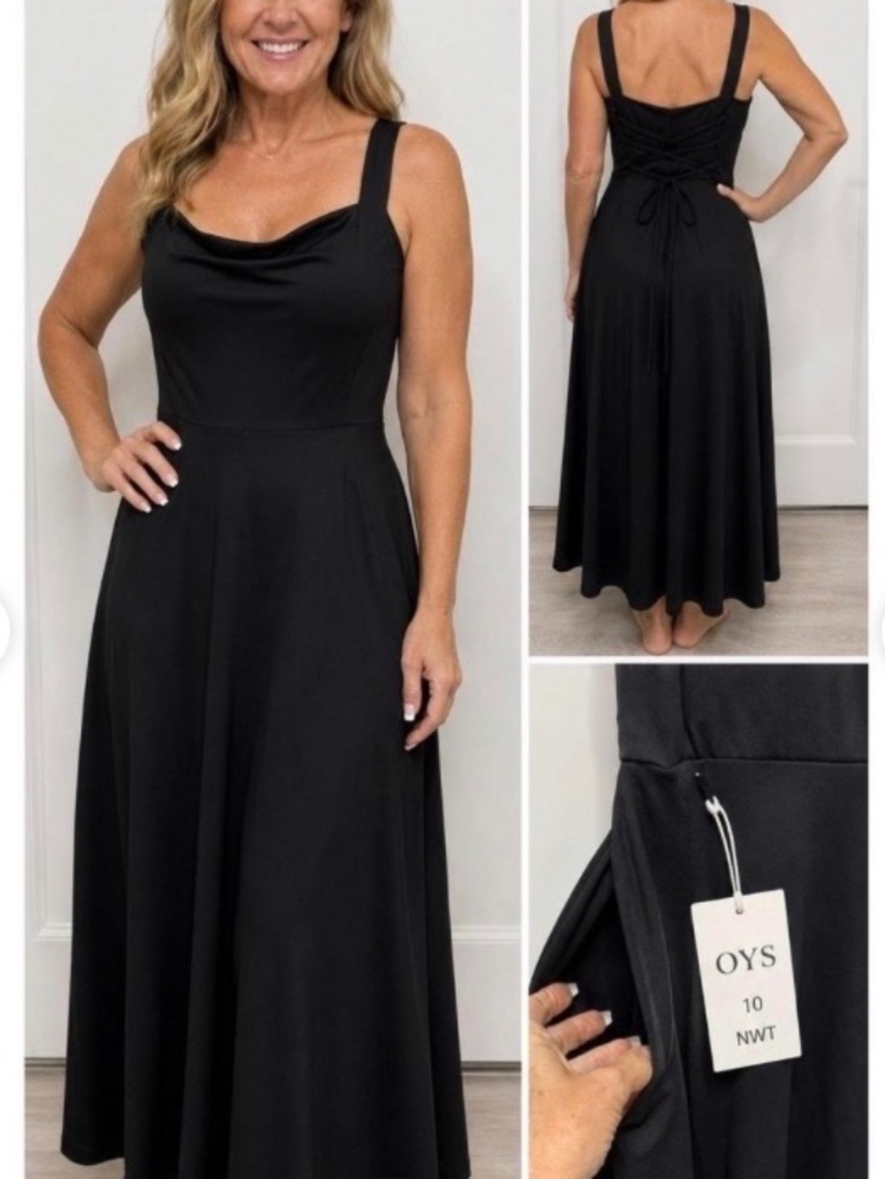 NWT OYS SQUARE NECK LACE TIE BACK MIDI DRESS S